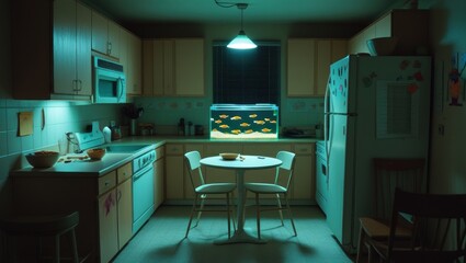 Teal-lit kitchen with a fish tank.
