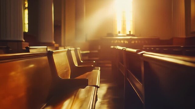 Interior Church with Wooden Pews and Golden Sunlight Streaming Through Stained Glass Creating Warm Atmosphere