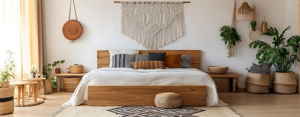 Bohemian bedroom interior with bohemian bedroom decor, cozy bohemian bedroom design with natural wood, stylish bohemian bedroom with macrame wall art