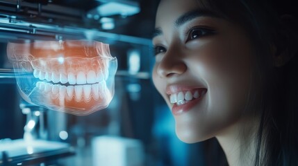 Smiling South Asian Woman Observing Futuristic Digital Dental Scan