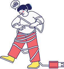 Funny cartoon character tangled by a charging cable, ideal for power failure, disconnect, or tech problem illustrations.
