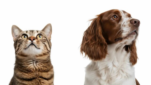 Curious tabby cat and a springer spaniel dog looking up in unison, isolated on white