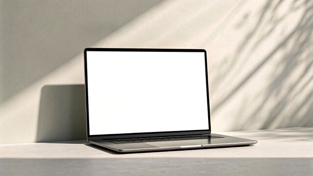 Modern laptop with blank screen on minimalist table in sunlight with leaf shadows, natural workspace concept
