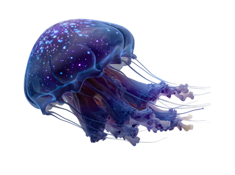 Cosmic jellyfish nebula deep sea bioluminescence underwater, Isolated On White, Transparent Background, Png