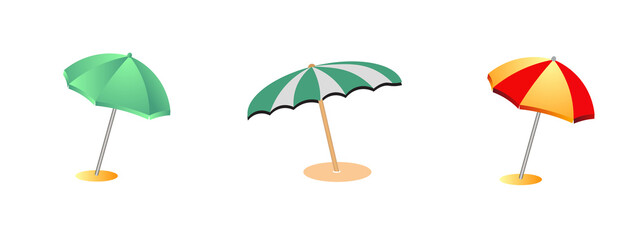 Obraz premium Three beach umbrellas are depicted on a white background.