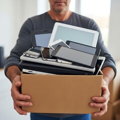 A cardboard box overflowing with various electronic devices.