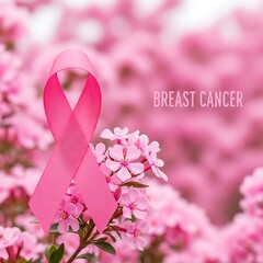 Pink ribbon with flowers, promoting awareness of breast cancer.