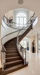 Elegant, curved wooden staircase with metal railing.