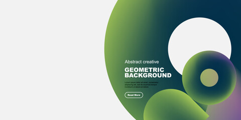 Abstract geometric design features vibrant gradients, circles, text, button. Modern aesthetic suitable for backgrounds, presentations.