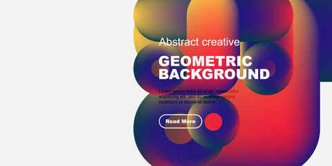 Vibrant abstract shapes overlap black background. Text promotes geometric design, includes read more button. Modern, colorful presentation.