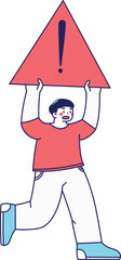 A cartoon figure holding up a red alert triangle ideal for system warnings, UI notifications, or urgent messages.