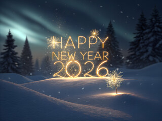 Outdoor Winter Celebration: Happy New Year 2026 Sparkler Typography on Snow with Forest Lights