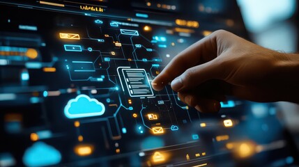 A hand interacts with a digital interface displaying cloud computing and data management icons and connections