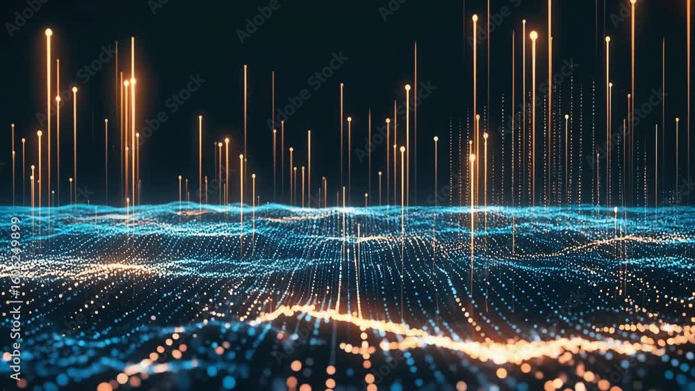 Poster undulating waves of blue and orange digital particles rise and fall against a dark background, futur