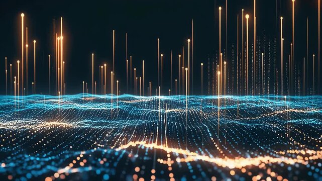 Undulating waves of blue and orange digital particles rise and fall against a dark background, futuristic data streams or abstract digital terrain in a stylized high-tech landscape visualization