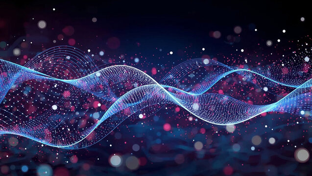 Vector abstract dynamic, wave particle and dot. Illustration technology background with dynamic mesh, flow particle design for banner, wallpaper. High tech, digital datum network and science concept - Powered by Adobe