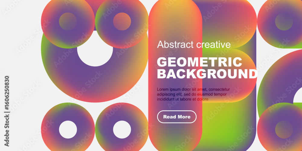 Poster vibrant geometric shapes overlap, creating colorful gradients. text block present with button, set a