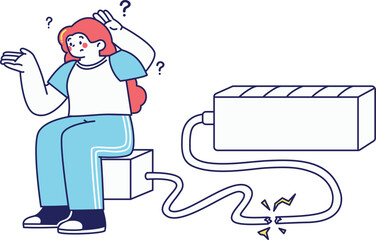 Person sitting confused with unplugged connection perfect for UI error signals or connection issues.