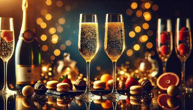 Two elegant champagne flutes filled with golden sparkling wine stand on a dark, reflective surface