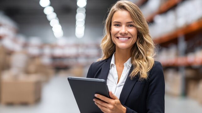 Warehouse Manager: A smiling woman confidently oversees the bustling activity of a warehouse, her focus fixed on a digital tablet.
