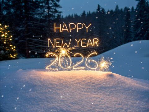 Happy New Year 2026 Sparkler Text: Dazzling Light Trails in Winter Wonderland Forest