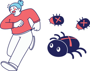 A scared cartoon person chased by bug icons great for malware alerts, virus warnings, or cyber security scenes.