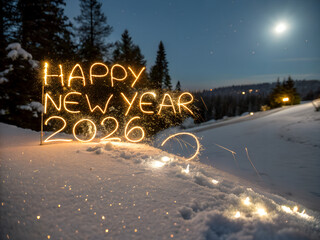 Happy New Year 2026 Golden Sparkler Light Writing: Snowy Winter Forest Celebration
