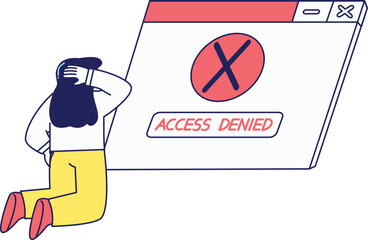 Kneeling character facing an ‘Access Denied’ window, ideal for blocked pages, restriction visuals, or permission errors.