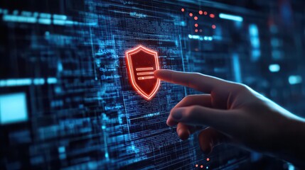 A finger touches a glowing red shield symbol on a screen filled with blue digital information