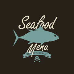 Vector banner with tuna and inscription seafood on theme of marine animals and ocean life. Logo, menu, label for restaurant, cafe. Signboard for fish market, store. Print, fabric, textile. No ai