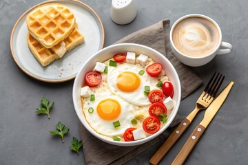 Breakfast food photography: sunny side up eggs, waffles, coffee, and healthy breakfast ideas images