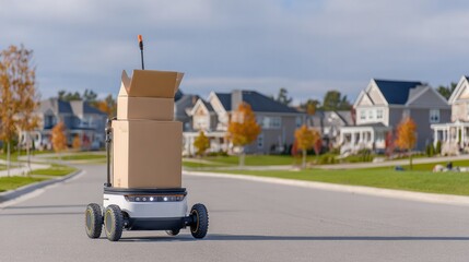 Automated Delivery Robot in Residential Area: An automated delivery robot navigates a tranquil suburban street, carrying stacked cardboard boxes.