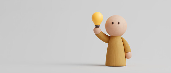 A simple, textured figure holds up a glowing yellow light bulb, symbolizing a new idea, inspiration, or a bright solution.