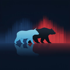 symbolic depiction of a bull light blue and a bear dark silhouette standing on a reflective surface representing opposing forces in financial markets with a backdrop of red and blue vertical elements