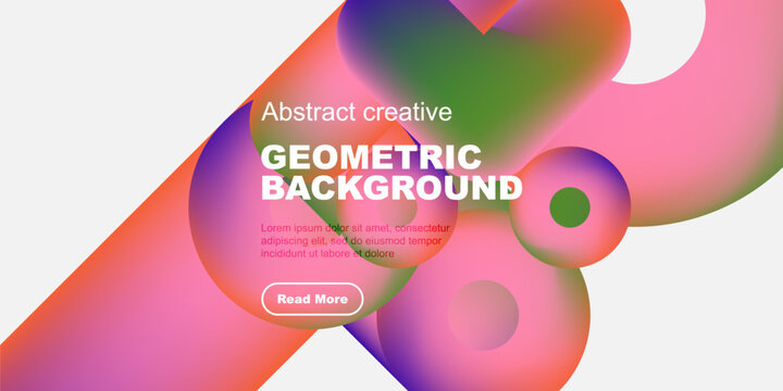 Vibrant abstract shapes overlap white, black space. Text promotes geometric background design, includes call to action.