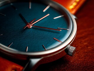 Close-up Teal Watch Face: Men's Wristwatch Detail, Copper Hands, Leather Strap, Timepiece Macro Photography