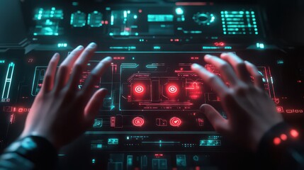 Hands interacting with a futuristic interface with red and teal glowing elements and complex design