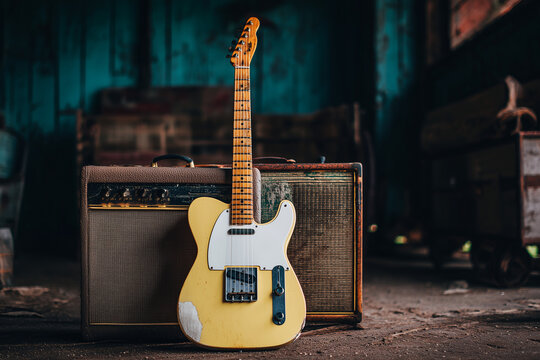 telecaster style guitar with vintage amplifier
