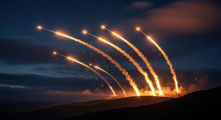 Multiple Military Missiles Firing into the Night Sky from a Mountain