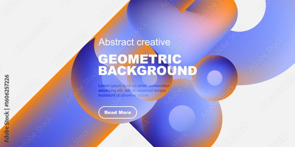 Poster dynamic abstract design features vibrant orange, blue shapes. text block includes sample content, bu