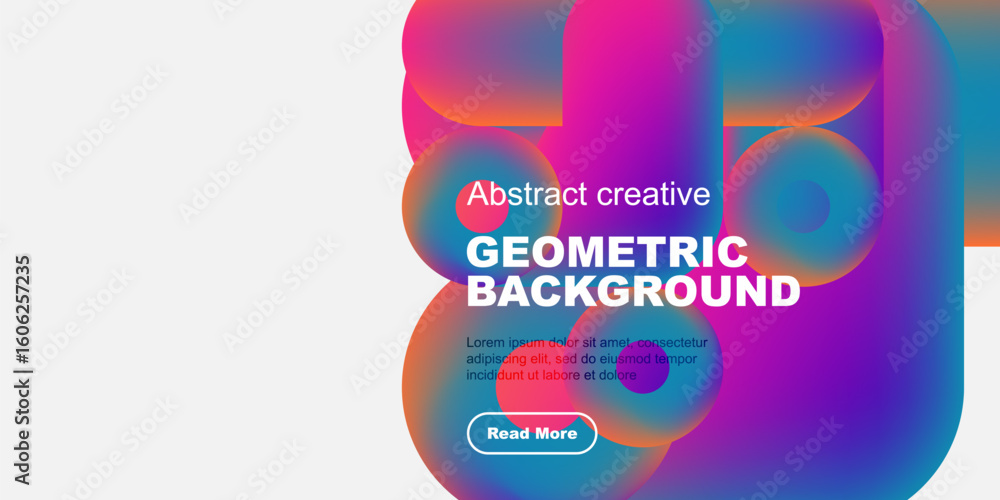 Poster abstract colorful shapes overlap, creating dynamic geometric background. text promotes further explo