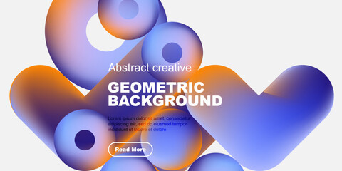 Abstract geometric shapes, vibrant colors, modern design. Text overlay present, button included. Clean background, creative composition.