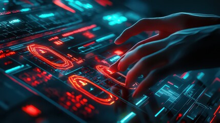 Hands interacting with a futuristic interface featuring neon lights and digital elements in a dark setting