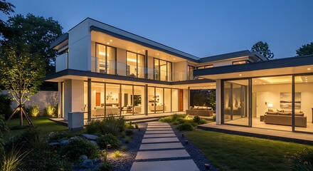 Modern Architectural Marvel Luxury Home with Landscaped Garden and Elegant Lighting at Dusk Enhancing Sophistication and Design