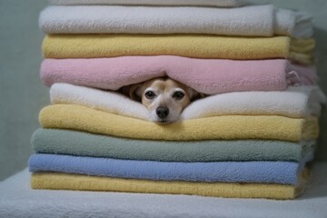 Small Brown Dog Burrowing into Neatly Stacked Pastel Blankets Expressing Focused Determination