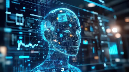 Digital human head with glowing blue circuit patterns against a tech interface backdrop