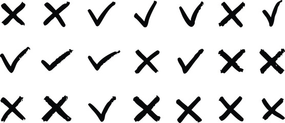 Black check marks and crosses painted with brush strokes tick