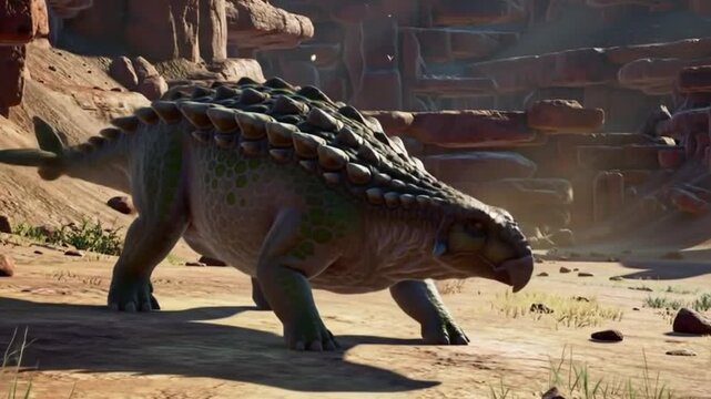 Ankylosaurus-like dinosaur in a desolate, rocky landscape.