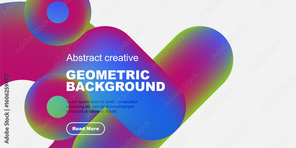 Poster abstract colorful shapes overlap white space. text promotes geometric background design, includes re