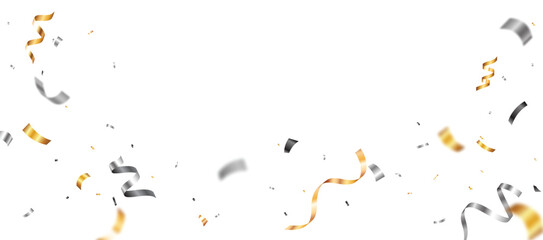 Celebrations Gold and silver confetti streamers, and ribbon banner, isolated on white backgrounds
